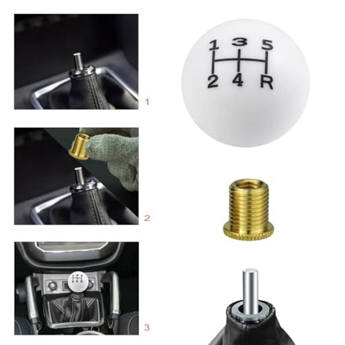 White 5-speed shift knob installed on manual gear shifter with black leather boot