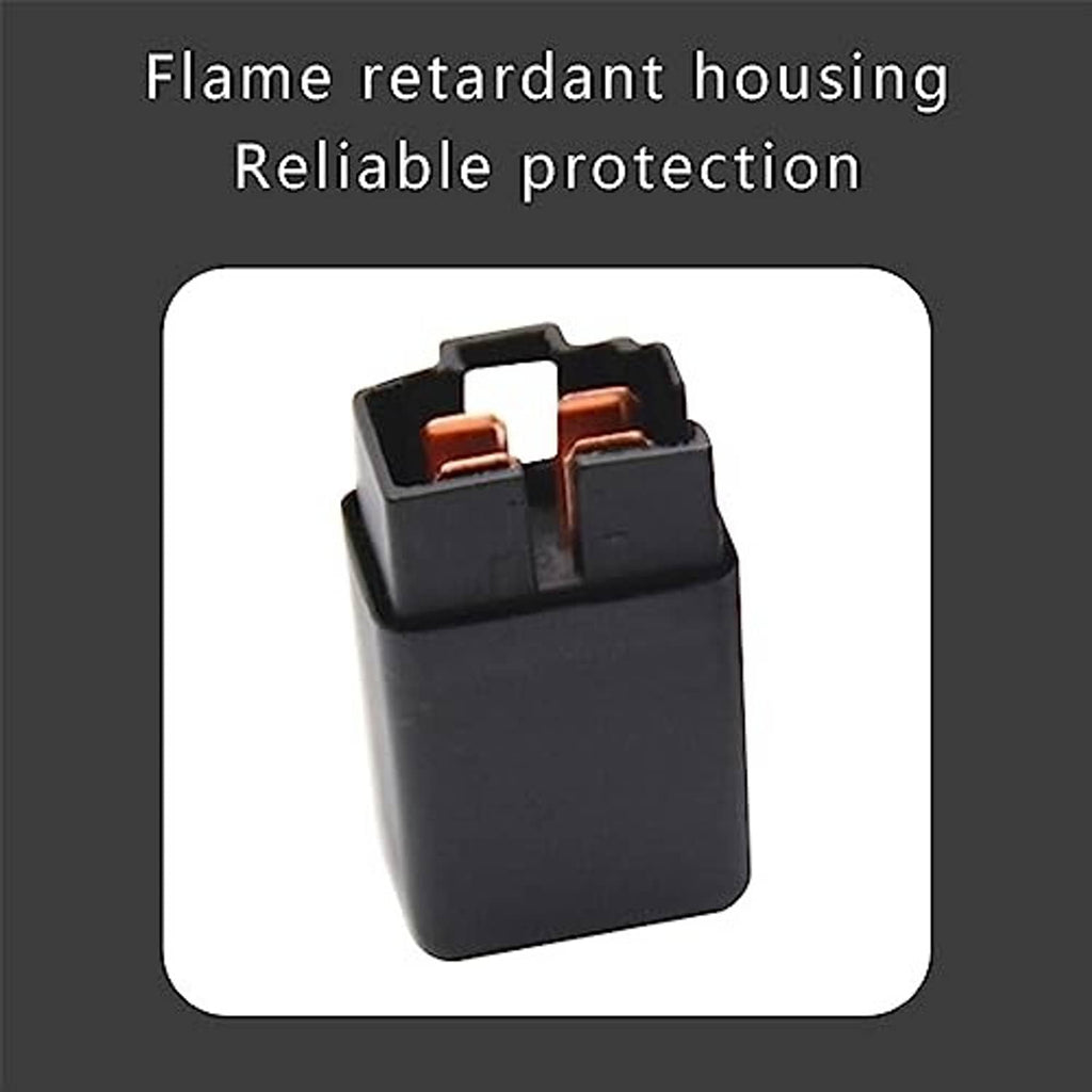 Black 4-pin automotive relay with black plastic housing and copper-colored contacts