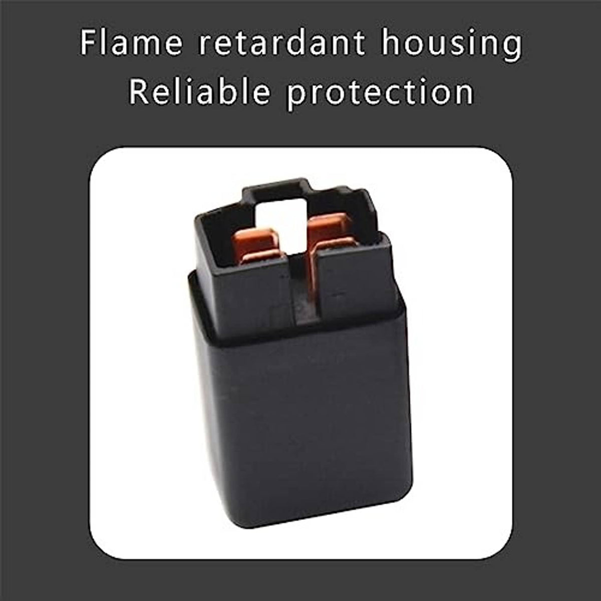 Black 4-pin automotive relay with black plastic housing and copper-colored contacts