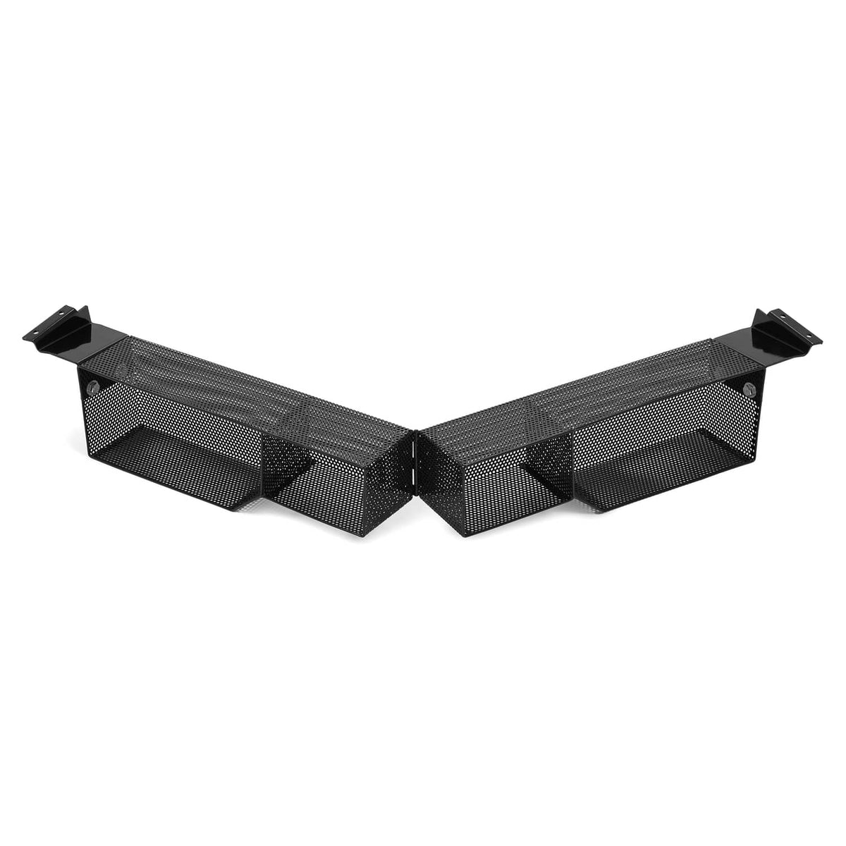 Front golf cart dash storage tray organizer, angled view, with multiple black mesh bins