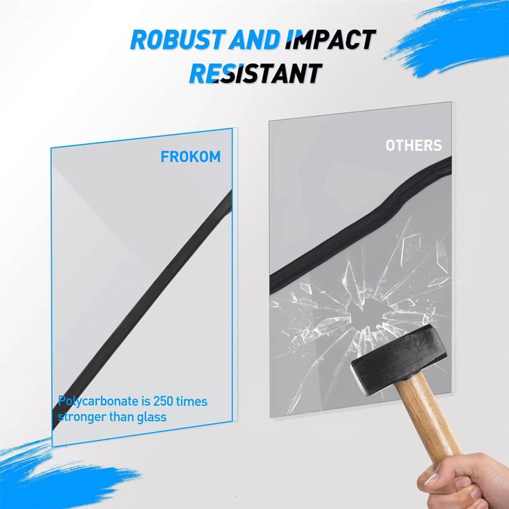 Clear UTV windshield panel with black frame shown with a hammer impact test