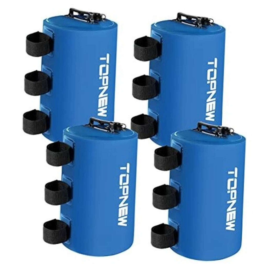 Set of four blue canopy water weight bags with attached straps and top handles