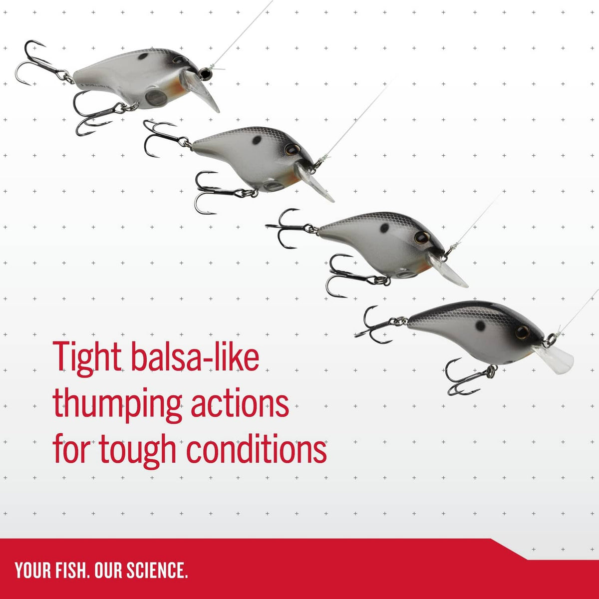 Gray-and-white crankbait lures with black spots and silver treble hooks