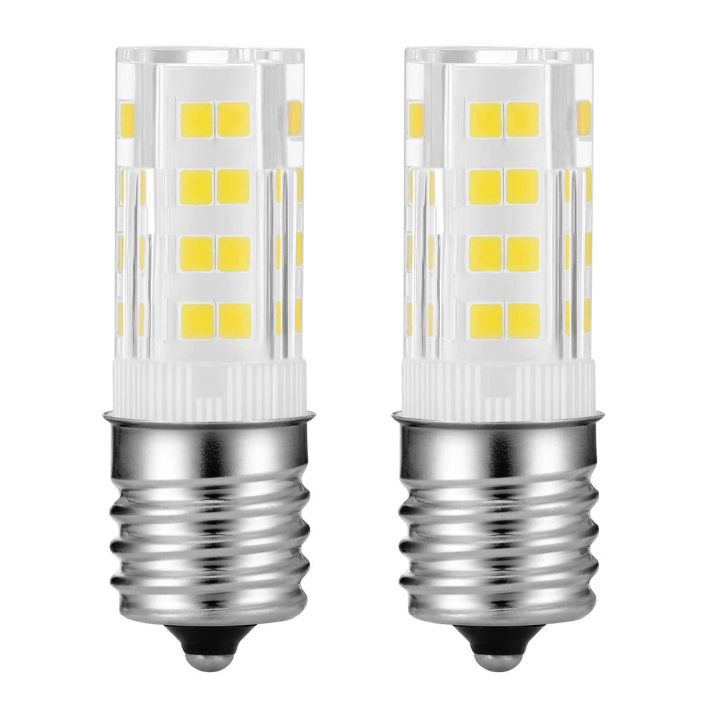 LED candelabra bulb with frosted cover, yellow LED chips, and metal screw base view