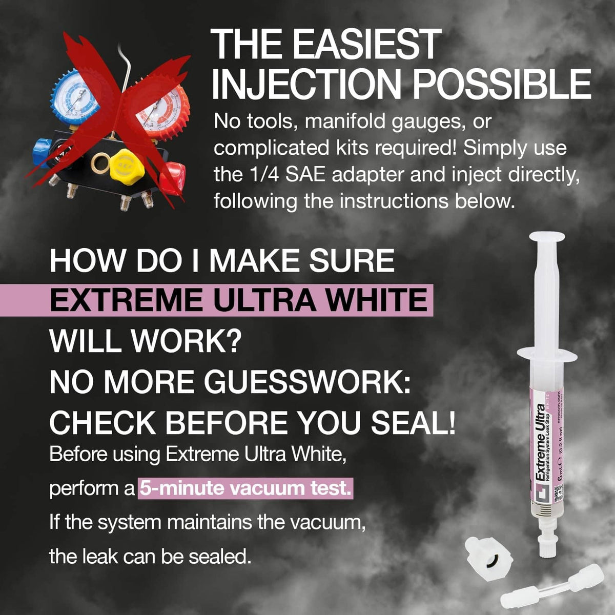 White leak sealant injector syringe standing upright with dispensing nozzle