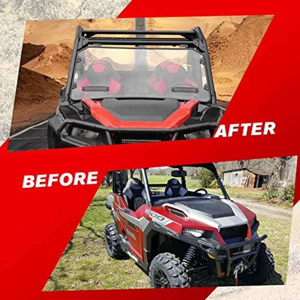 Full front windshield installed on off-road UTV with clear panel and black frame