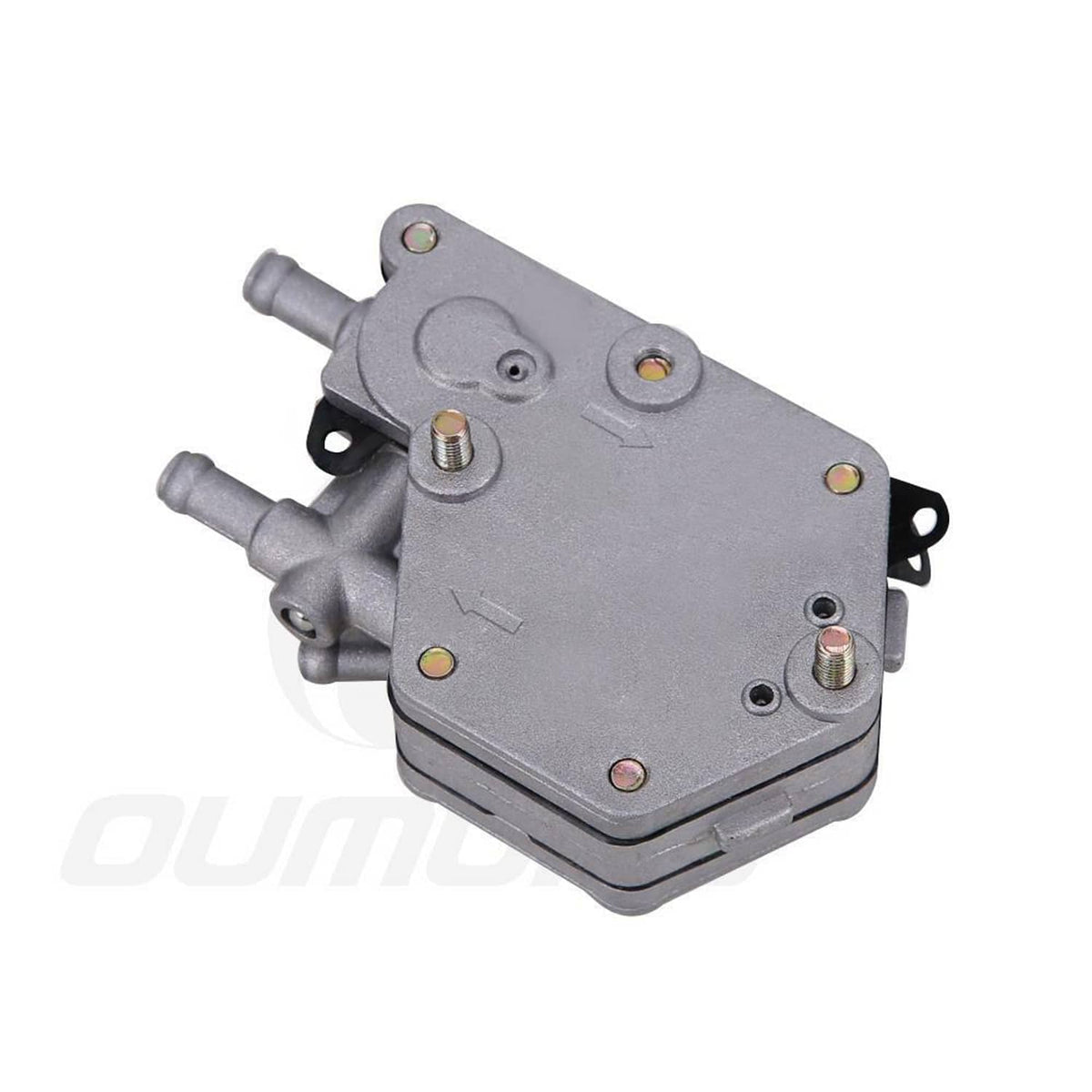 Gray fuel pump assembly angled view with two outlet nipples and top mounting bolts