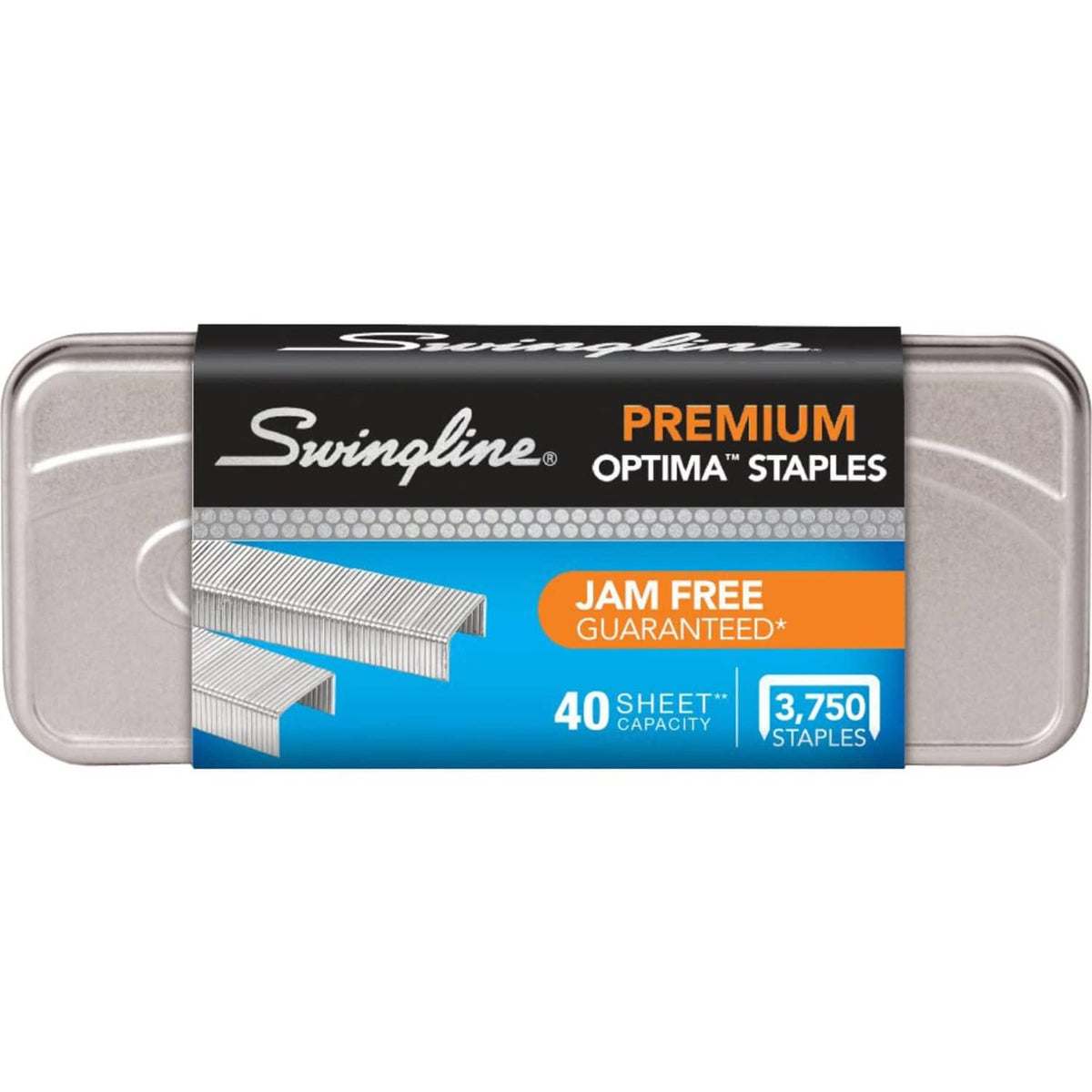 Swingline PREMIUM OPTIMA stapling tin, front label 'JAM FREE GUARANTEED'