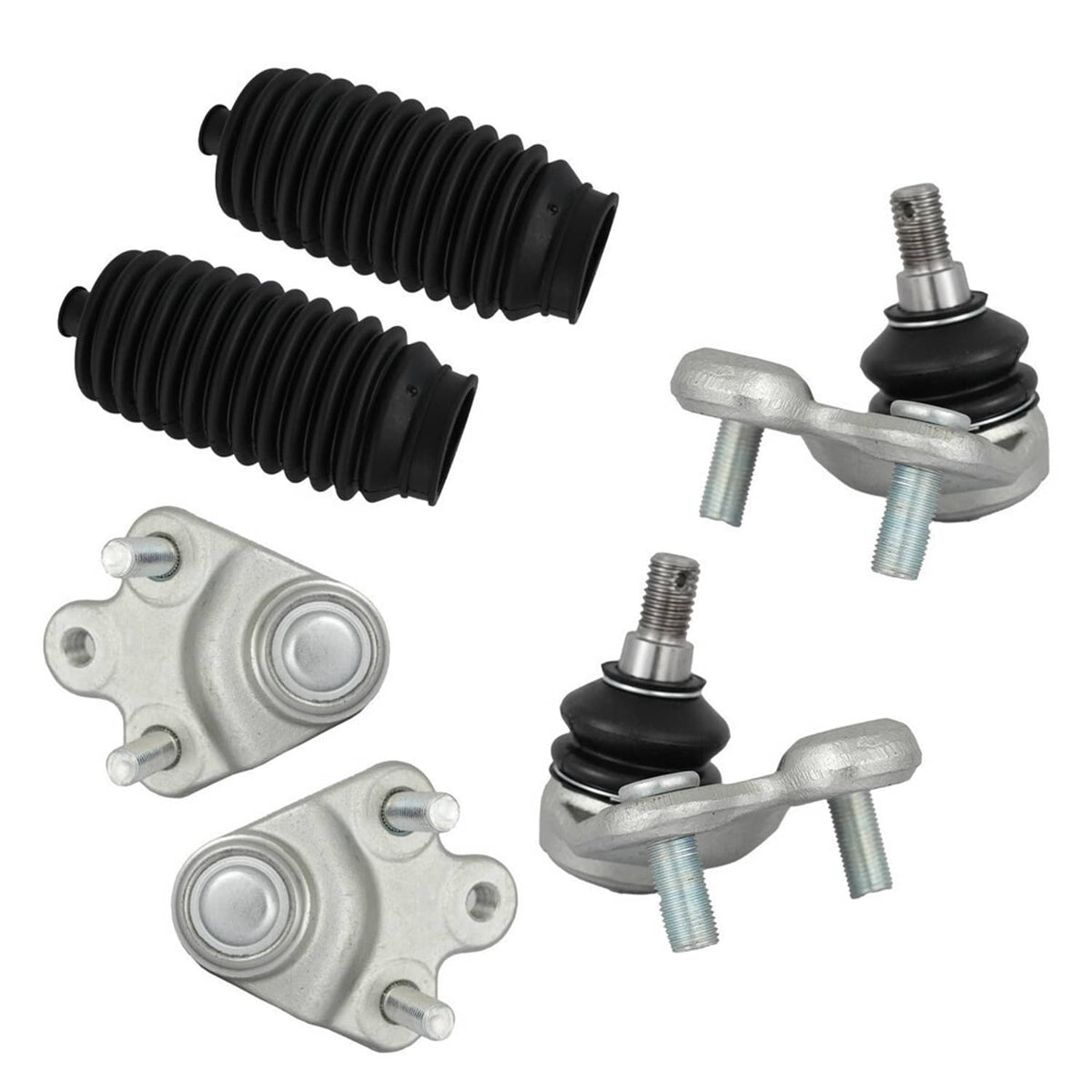 Front lower control arm parts with black boots, metal brackets, and bolts
