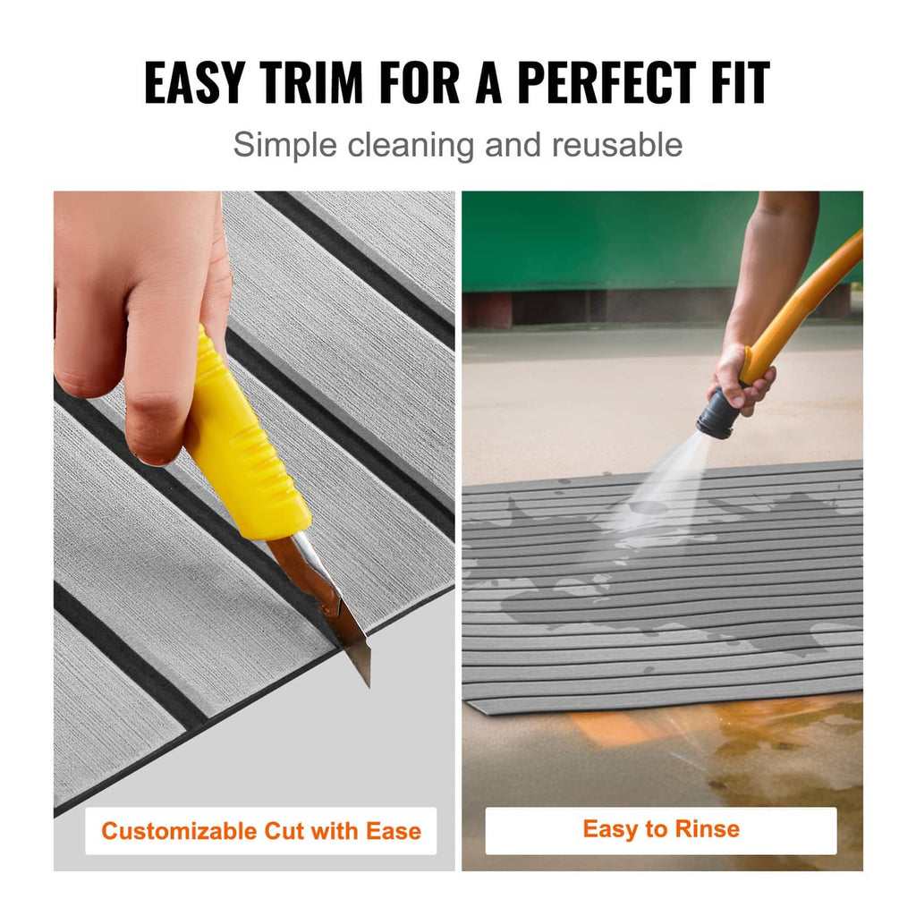 EVA boat decking sheet with dark gray ribbed surface and trimmed edge close-up