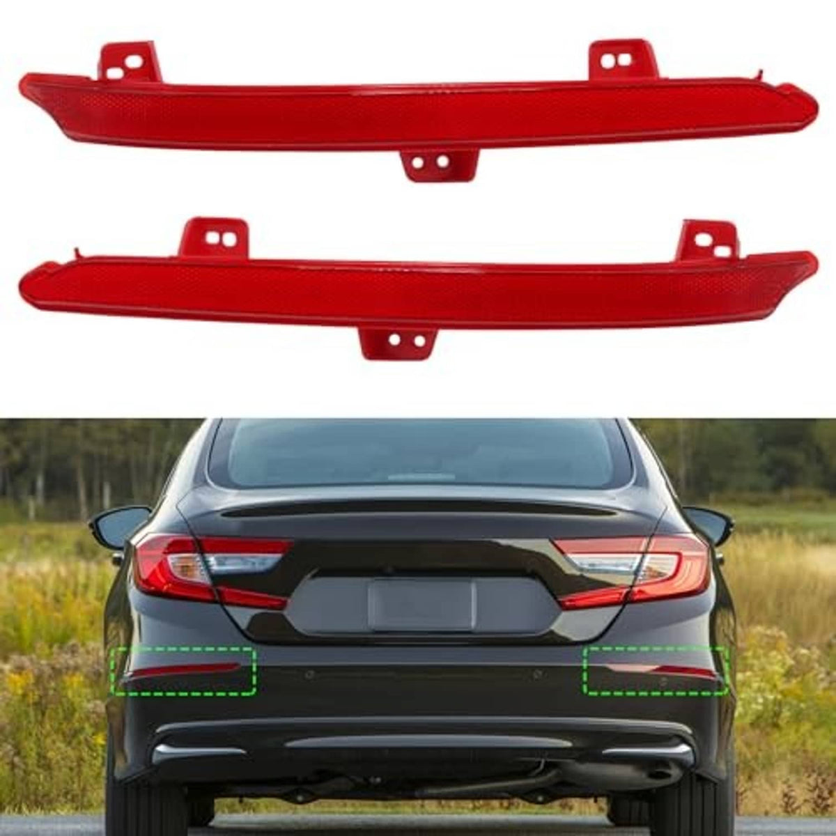 Pair of red rear bumper reflectors with mounting tabs for vehicle installation