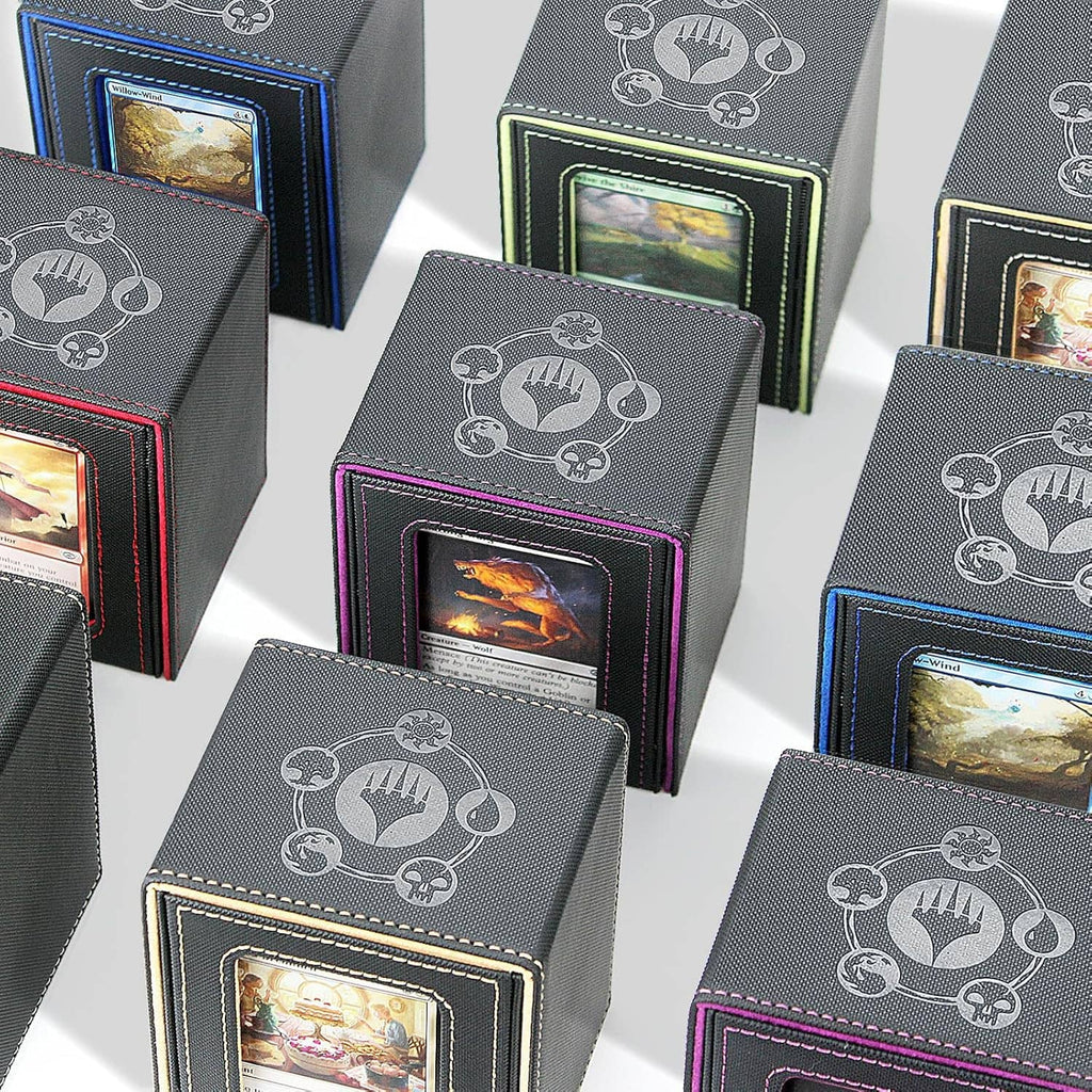 Assorted textured card deck boxes with card windows and contrasting stitched borders