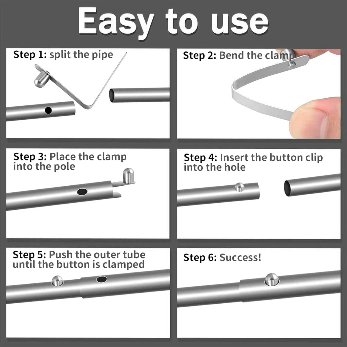 Hands installing stainless steel spring snap clips onto a metal tent pole