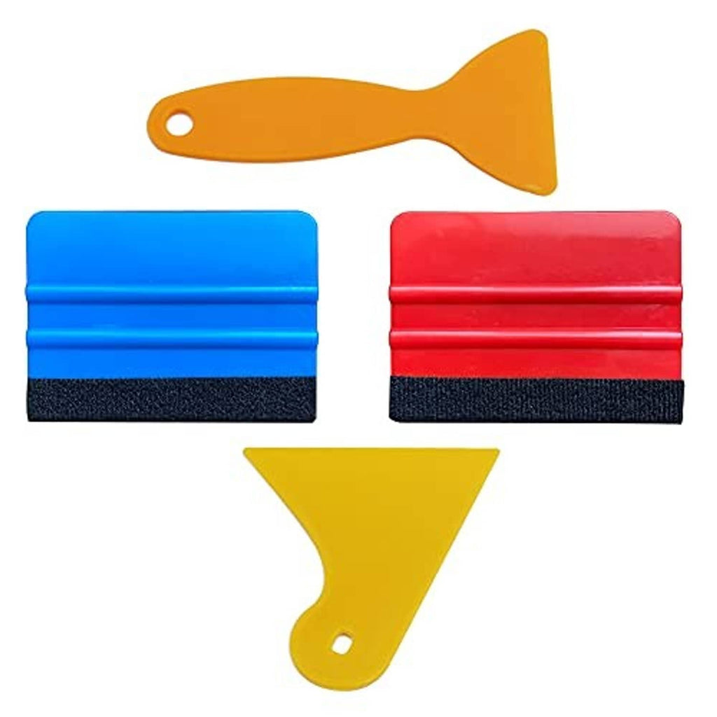4-piece vinyl wrap squeegee kit with felt edges in blue, red, and yellow