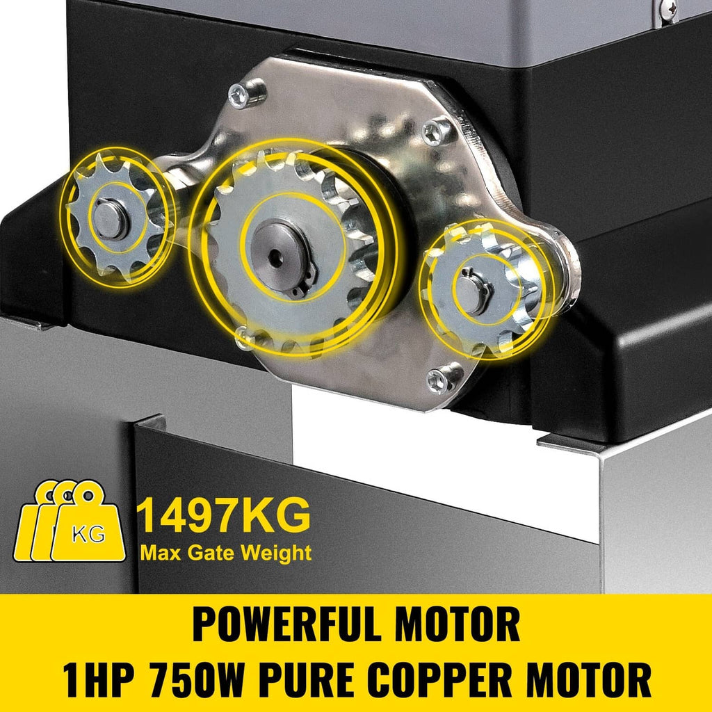 Automatic sliding gate opener motor with pulleys, gears, and metal drive plate close-up