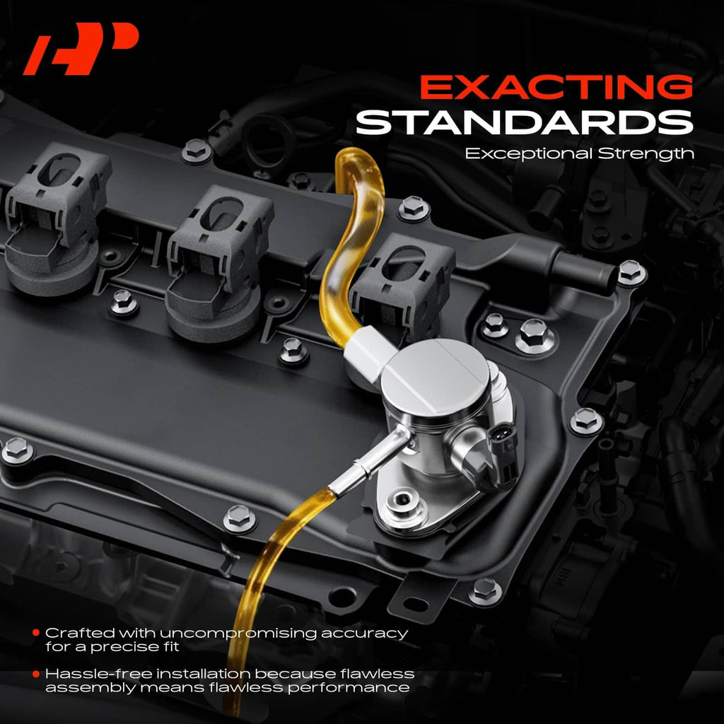 Fuel pump mounted on engine components with gold fuel line and securing bolts