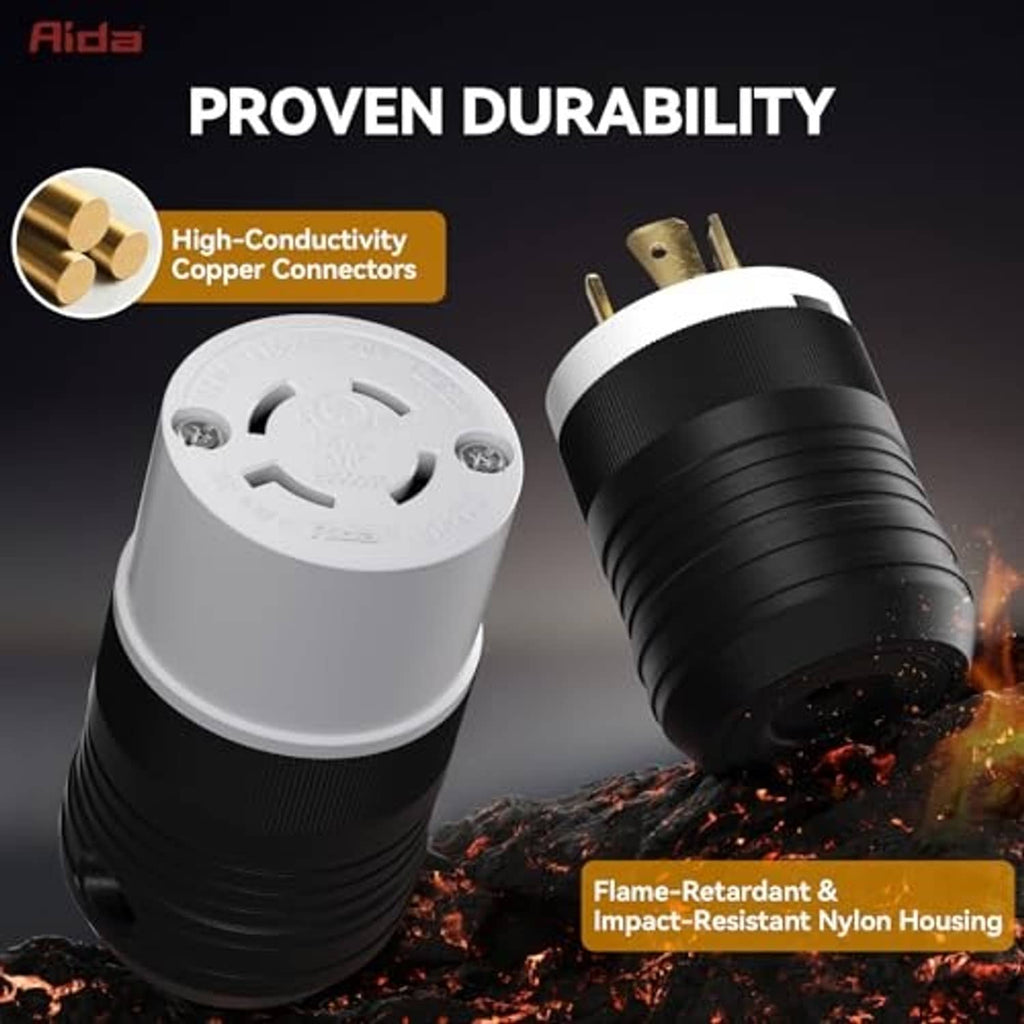 NEMA locking plug set with high-conductivity copper connectors and flame-retardant nylon housing