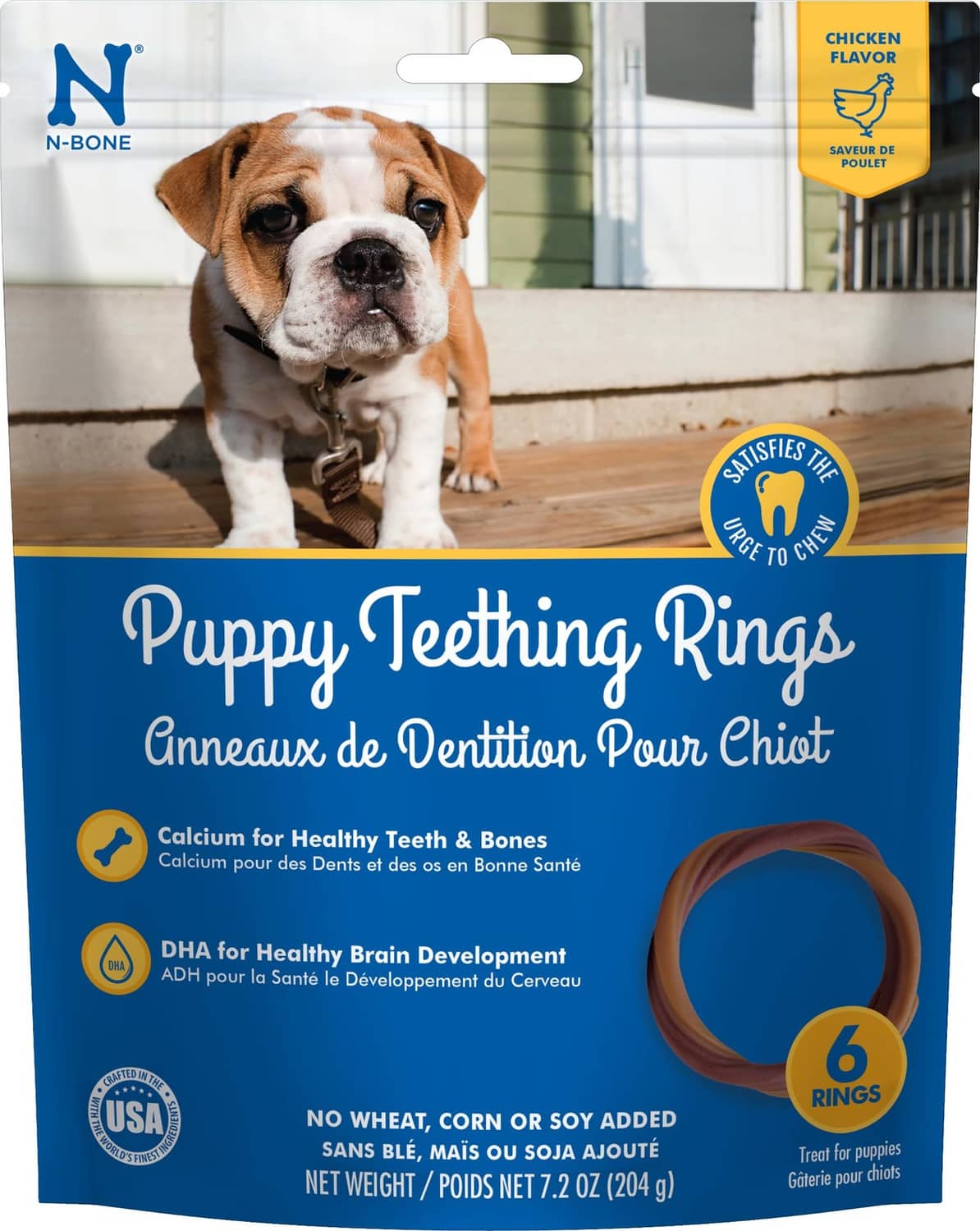 N-Bone puppy teething ring 6-pack package with brown chicken-flavor rings