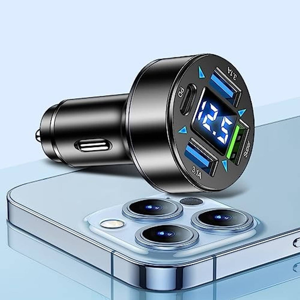Round car charger with LED voltmeter screen, inserted into a phone charging setup