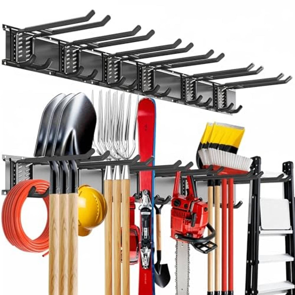 Wall-mount garage tool organizer with black steel bar and double hooks for tools and blades