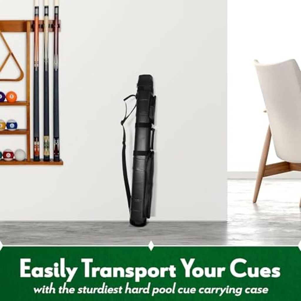 Black hard pool cue case standing upright with shoulder strap and zip closure