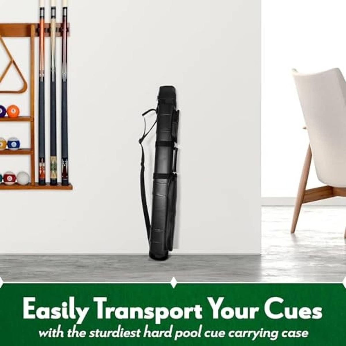 Black hard pool cue case standing upright with shoulder strap and zip closure