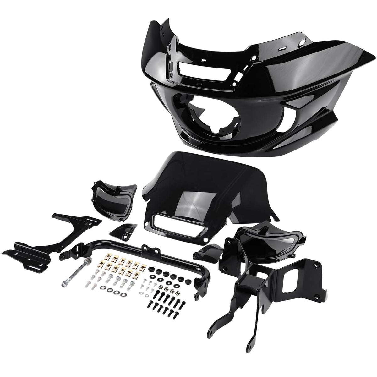 Black headlight fairing kit with windshield bracket and fasteners, parts spread out