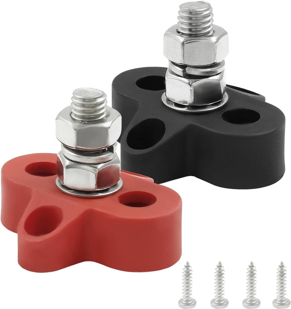 Two battery junction post terminals: black and red bases with installed steel studs