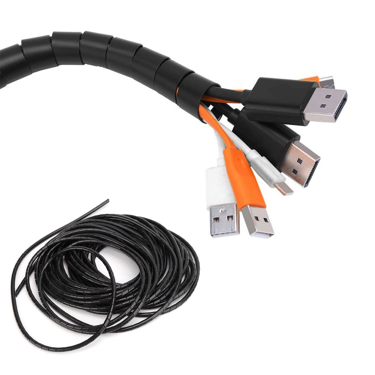 Black spiral cable wrap securing USB cable bundle with coiled 20 ft length