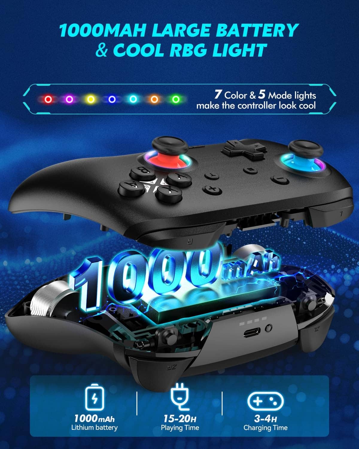 Black wireless controller with cool RGB light, two thumbsticks, and curved back grip