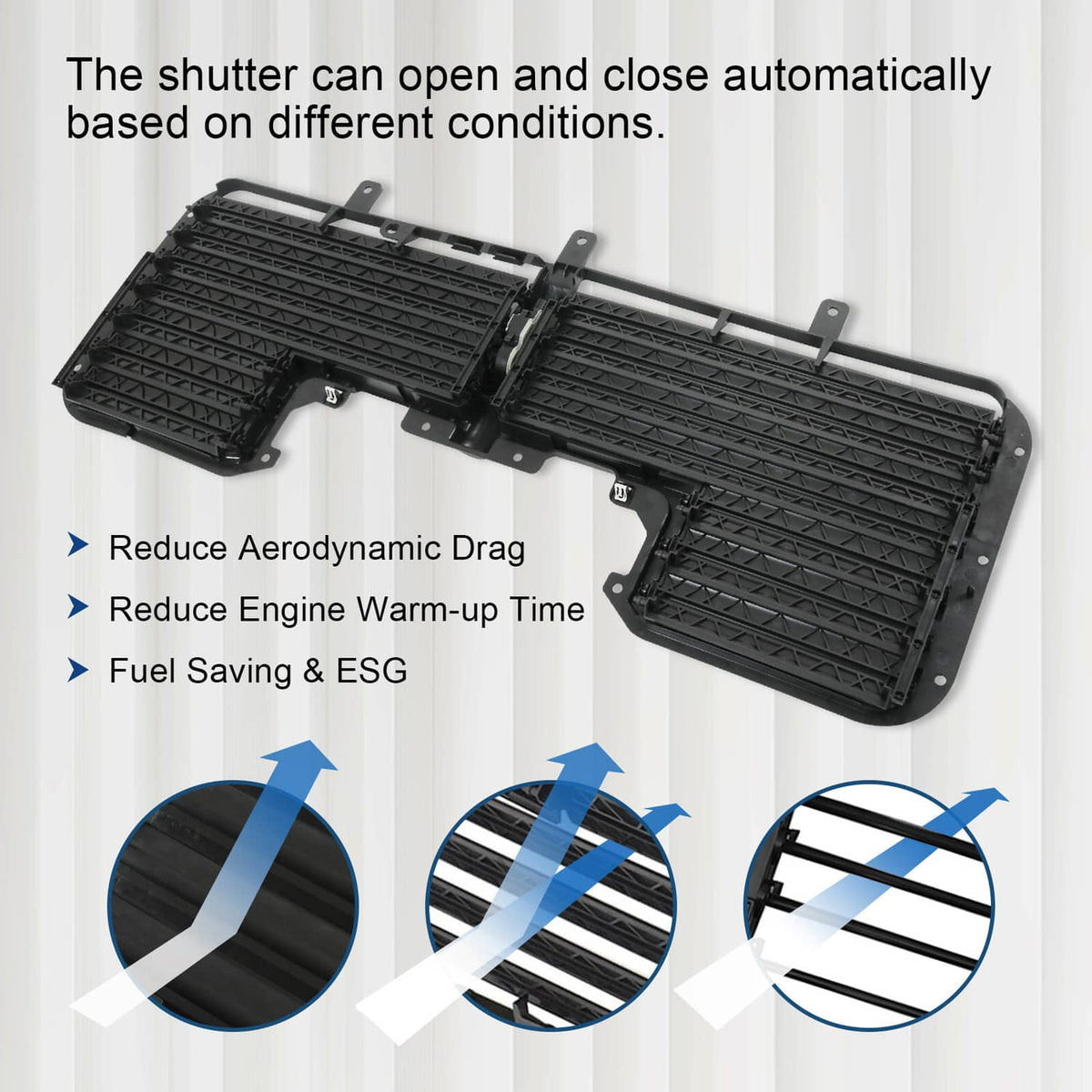 Motorized active grille shutter assembly with two louver sections, black