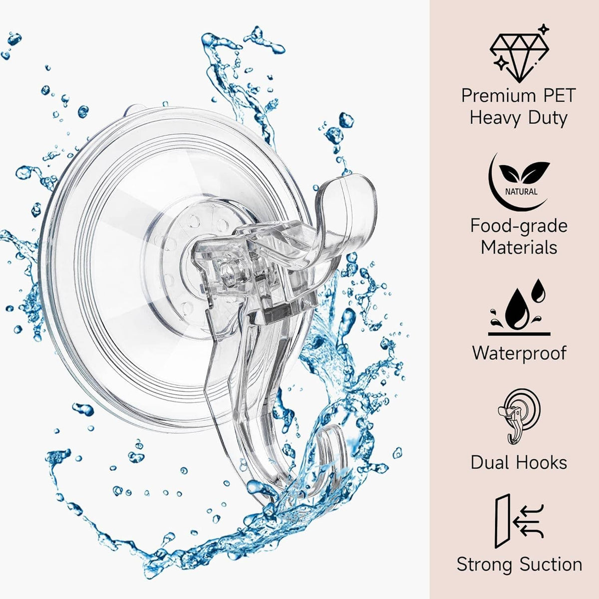 Close-up transparent dual-hook suction cup shower hook with two hanging hooks
