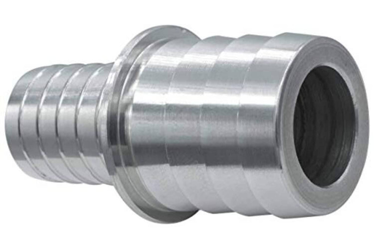Stainless steel hose barb coupler reducer, flange collar and ribbed hose barb end