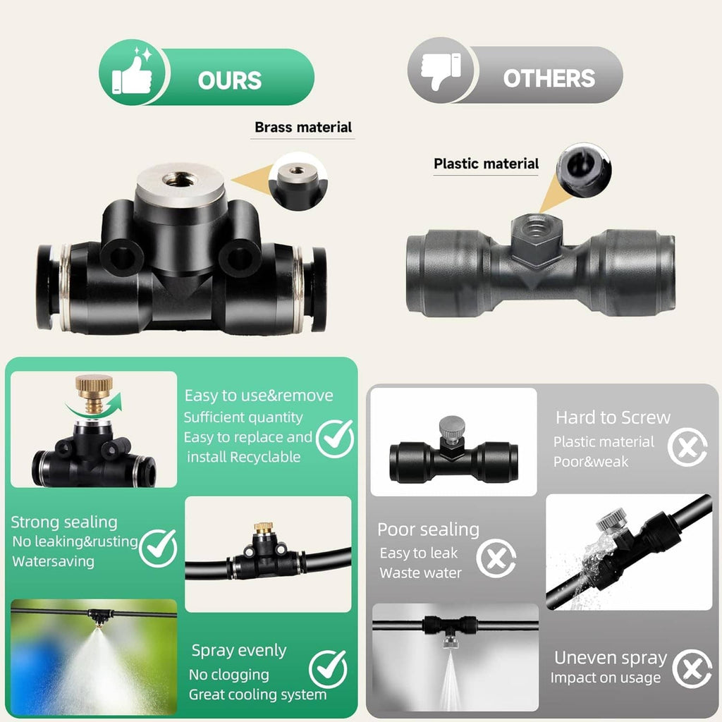 Black brass misting nozzle fittings comparison with plastic tee components (diagram)