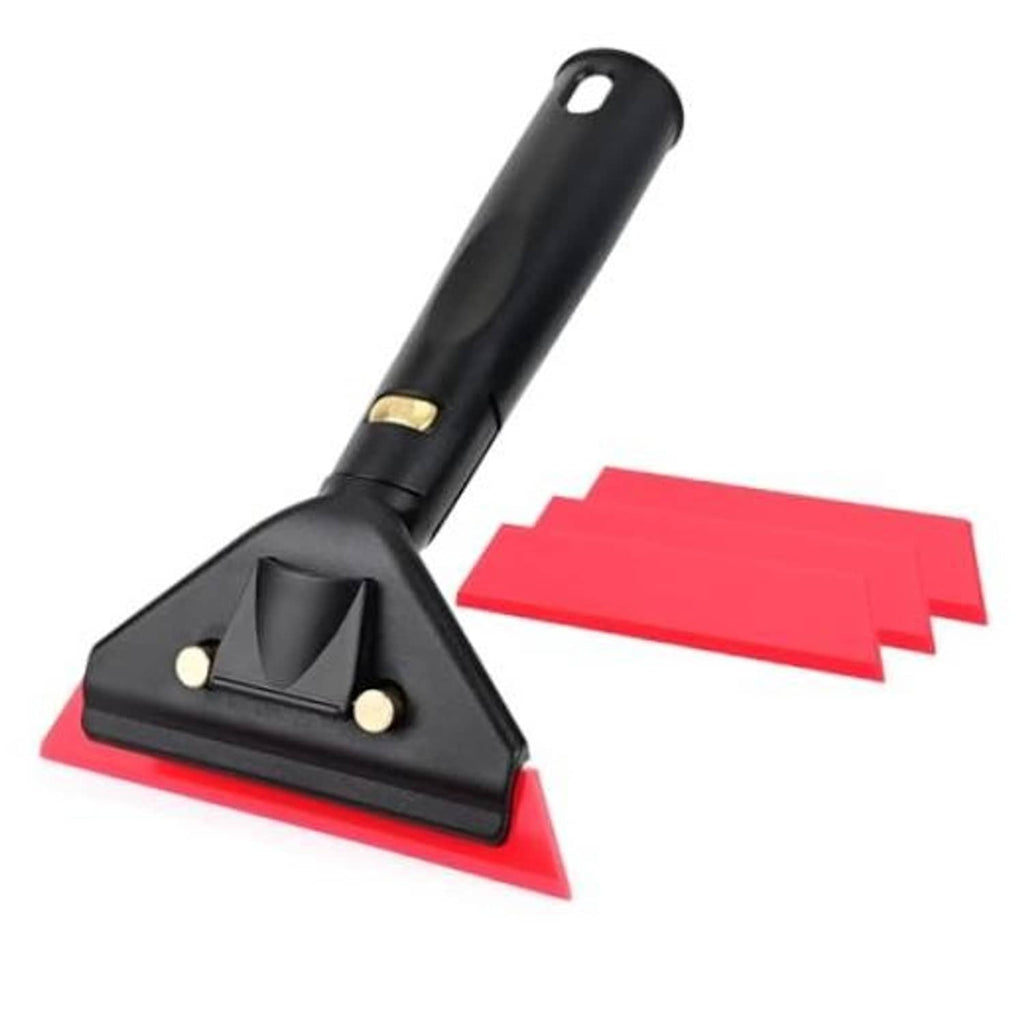 Small window squeegee tool with black handle and red rubber blade, rotating head