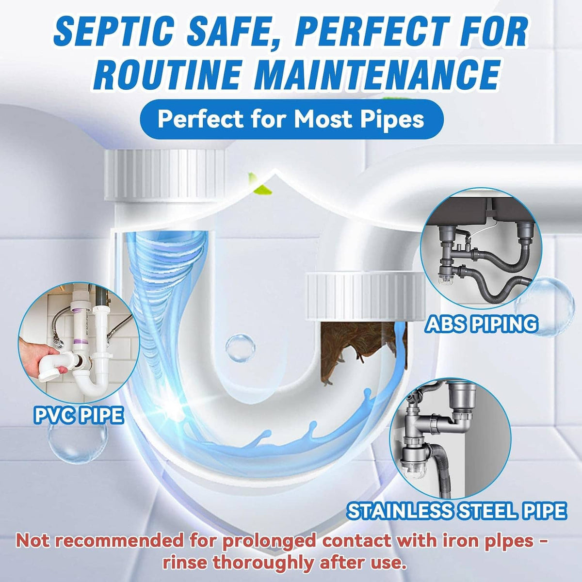 Toilet plumbing infographic for drain cleaner, showing flowing treatment through pipes