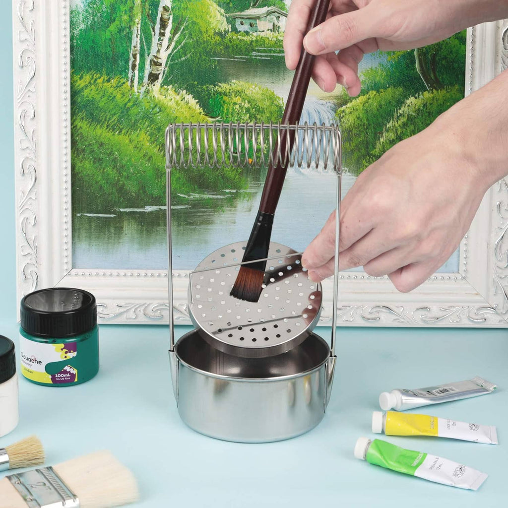 Portable brush washer with perforated lid, wire rack, and paint brushes for cleaning