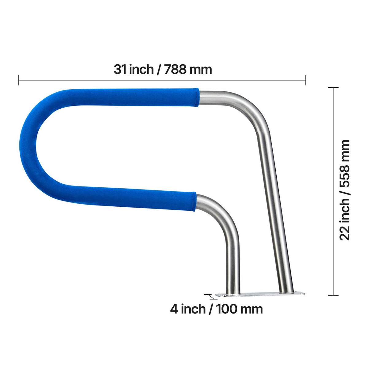 Stainless steel pool handrail with blue padded handles and flanged mounting base