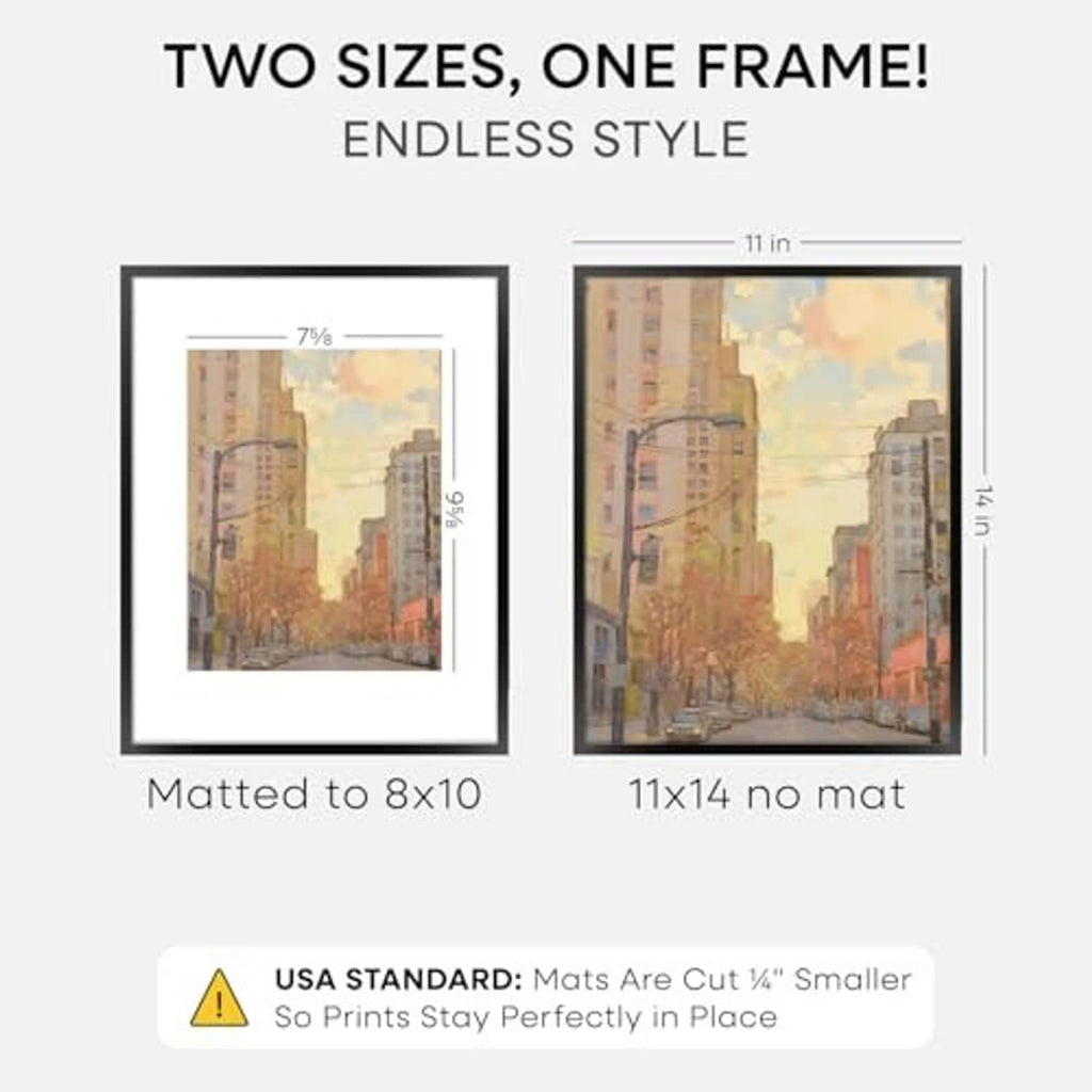Black picture frame size guide showing matted 8x10 and 11x14 options