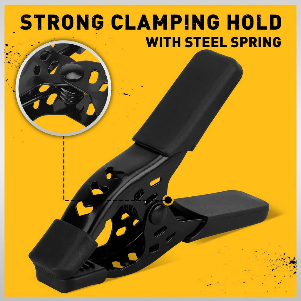 Black spring clamp with steel spring inside and strong locking hinge, grippy tips
