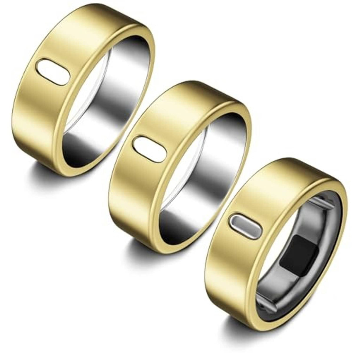 Gold ring cover set of three, rounded sides with oval side window openings.