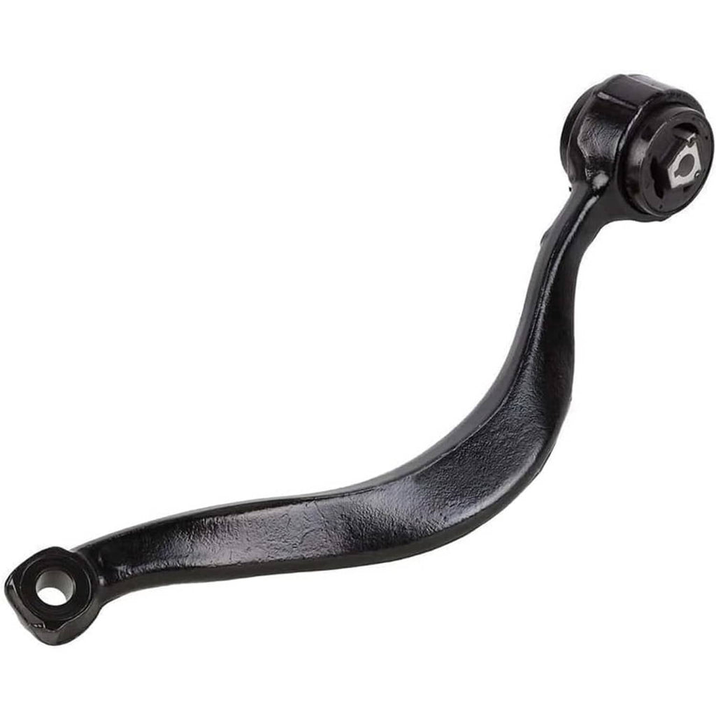 Black front lower control arm with rubber bushing and mounting hole at the end