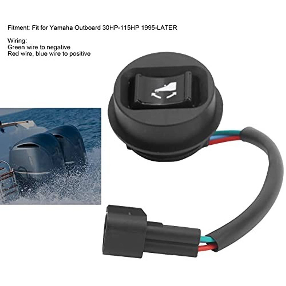 Trim tilt switch assembly with black round housing, cable, and electrical connector