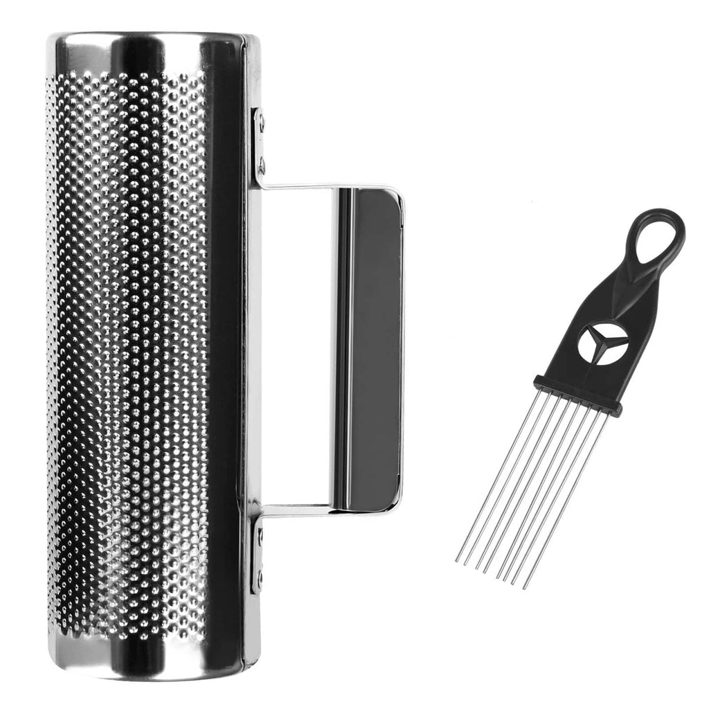 Stainless steel metal guiro with perforated cylinder and attached scraper comb