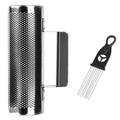 Stainless steel metal guiro with perforated cylinder and attached scraper comb