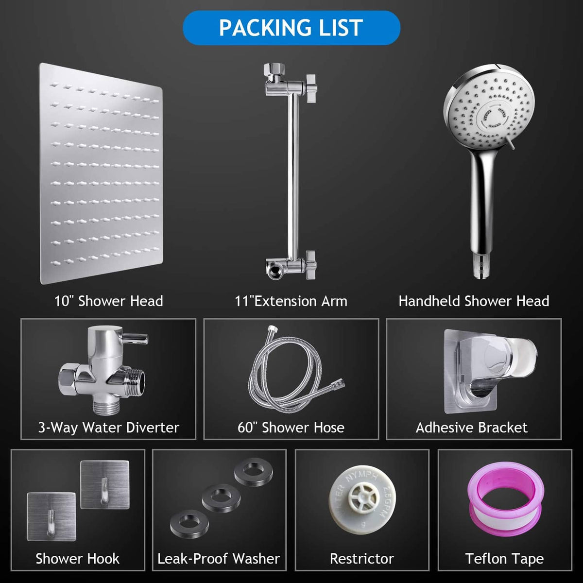 Chrome shower head combo parts: rainhead, handheld, hose, extension arm, bracket
