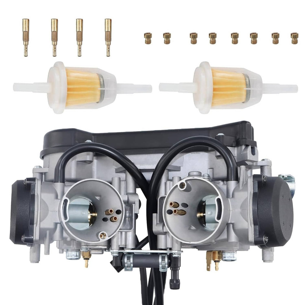 Dual carburetor assembly with two air intakes, fuel lines, and brass jet fittings