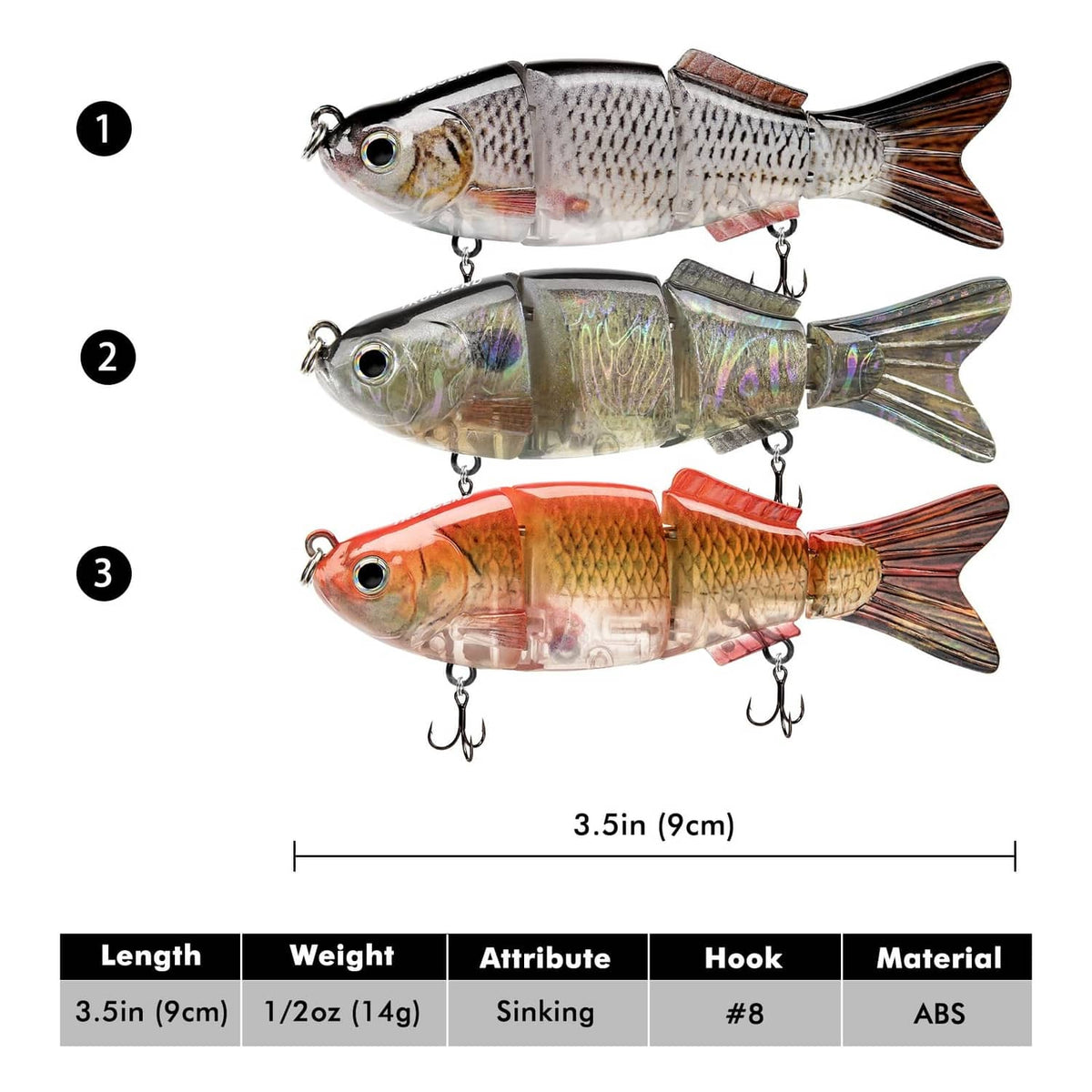 Set of three metal swimbait lures: silver, iridescent, and orange with hooks