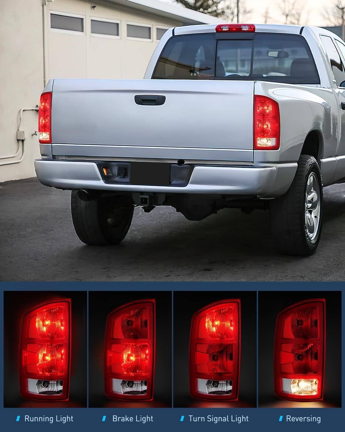 Rear view of a gray pickup with red and white tail light assemblies