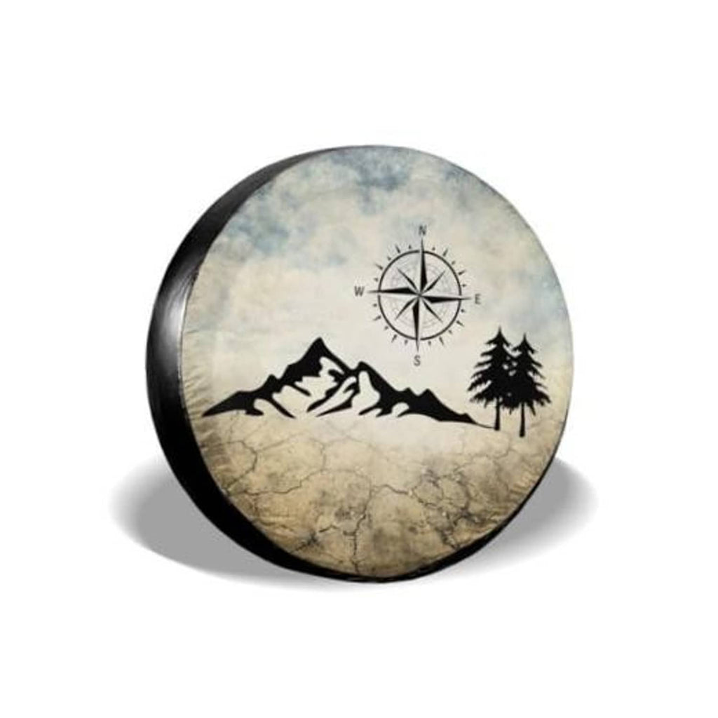 Stand-alone spare tire cover: compass rose with mountains and pine trees graphic.